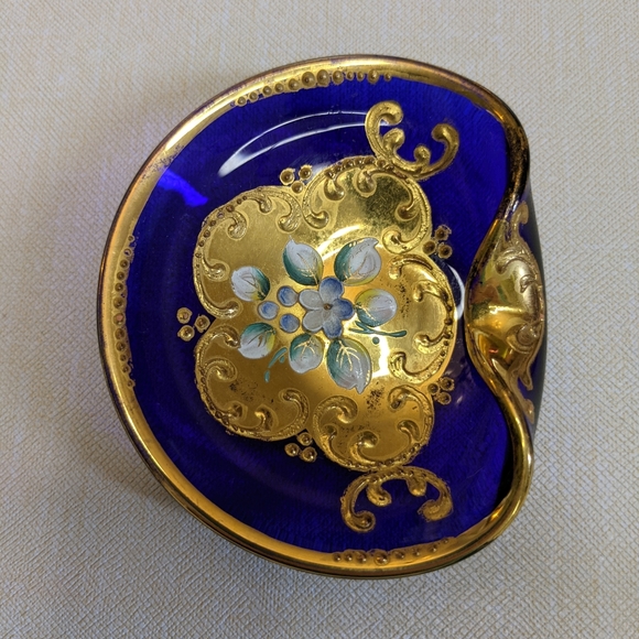 Czeck Cobalt Blue Glass trinket dish with hand painted gold designs - Picture 3 of 6